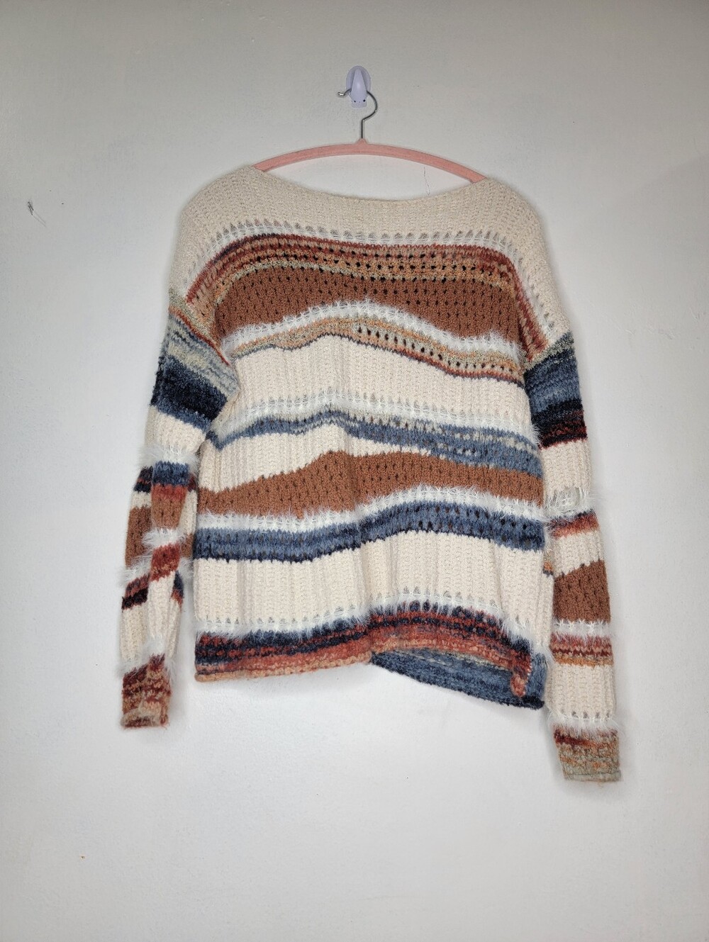 Adore Cream Striped Crochet Pullover with Brown & Blue Accents